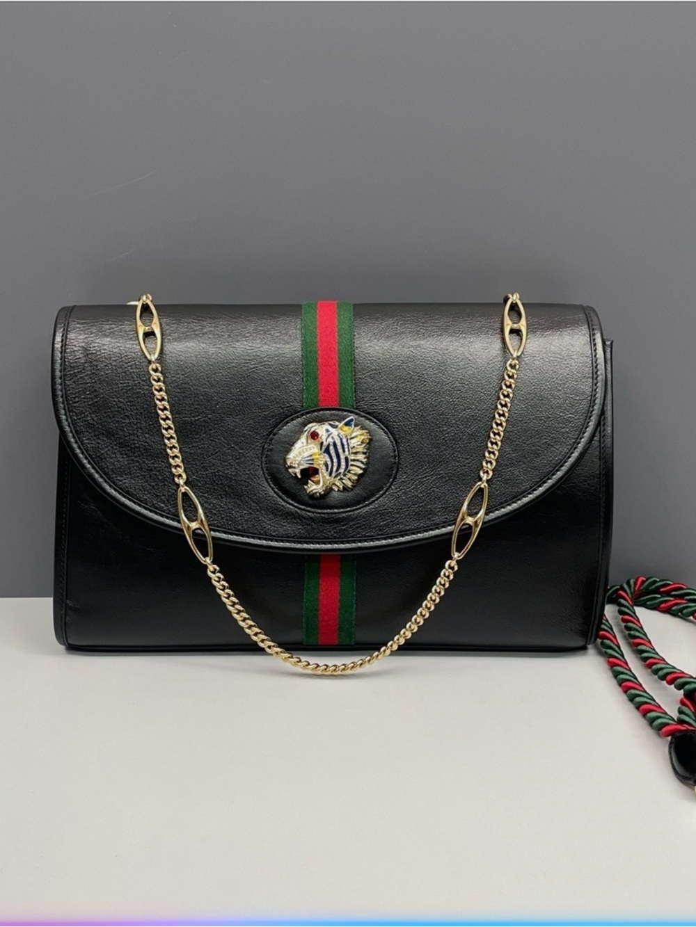 Gucci Black Leather Crossbody with Green-Red Web and Tiger Motif